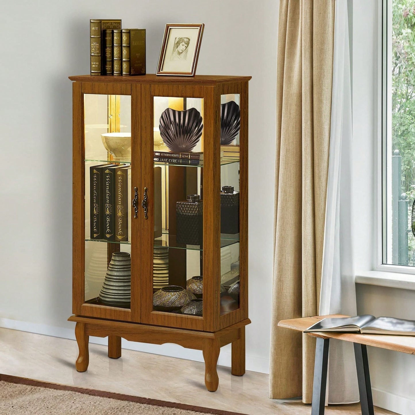 Lighted Curio Diapaly Cabinet With Adjustable Shelves And Mirrored Back Panel, Tempered Glass Doors ( 3 Tier)