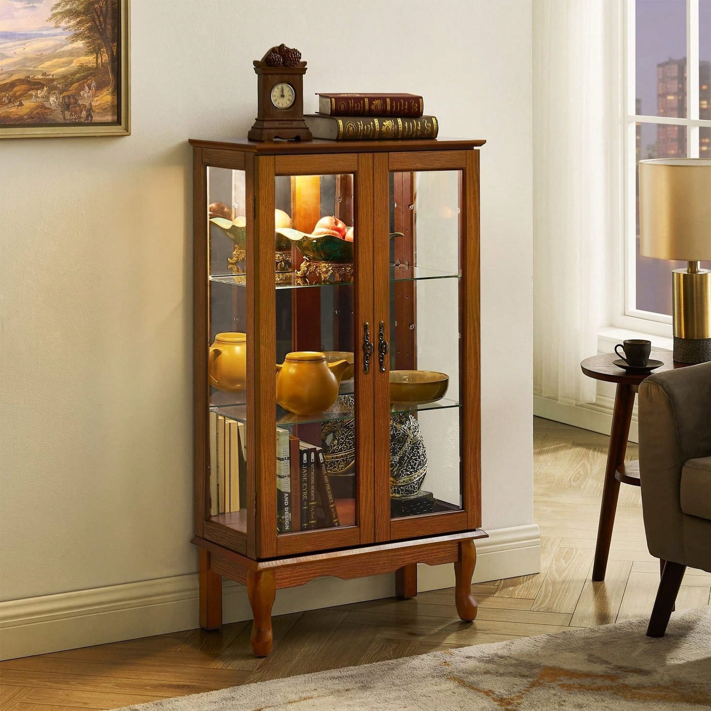 Lighted Curio Diapaly Cabinet With Adjustable Shelves And Mirrored Back Panel, Tempered Glass Doors ( 3 Tier)