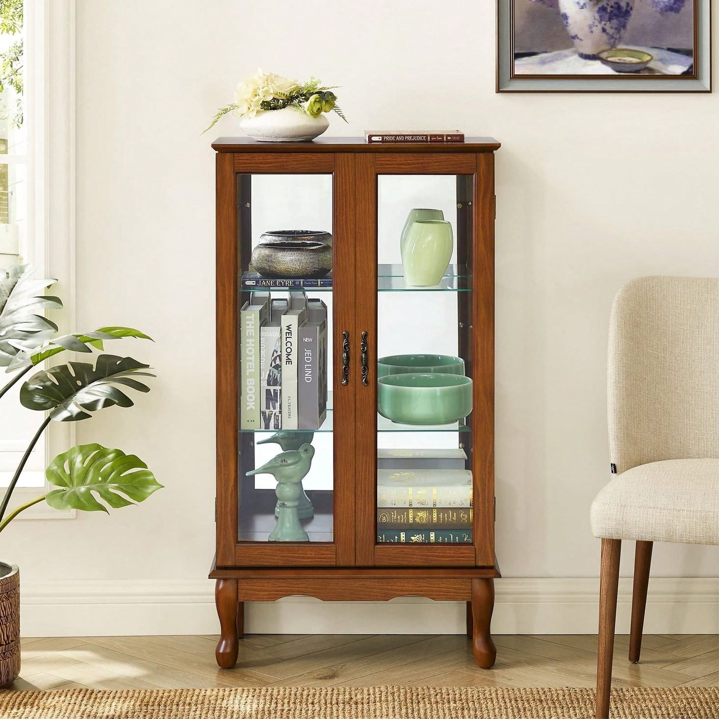 Lighted Curio Diapaly Cabinet With Adjustable Shelves And Mirrored Back Panel, Tempered Glass Doors ( 3 Tier)