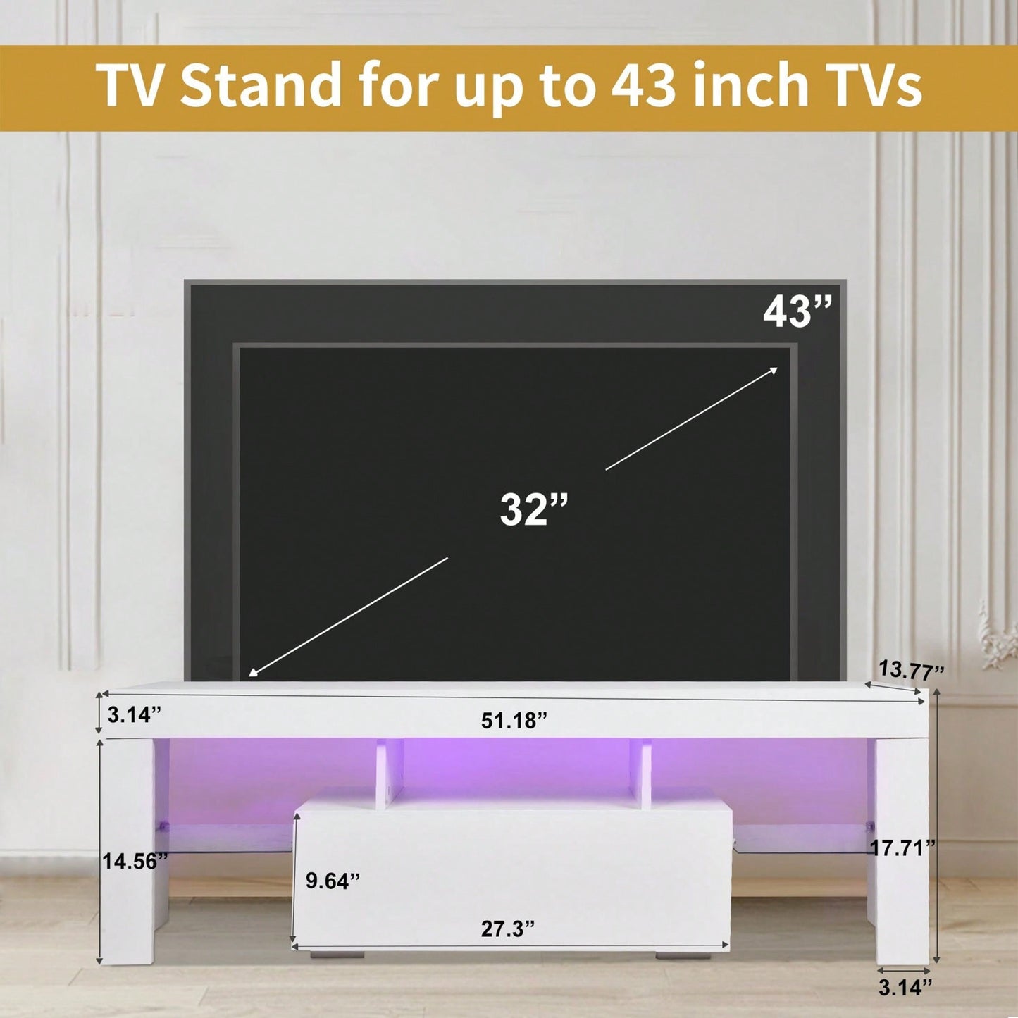 43 Inch LED Modern TV Media Console Entertainment Center With Drawer TV Cabinet For Living Room Bedroom