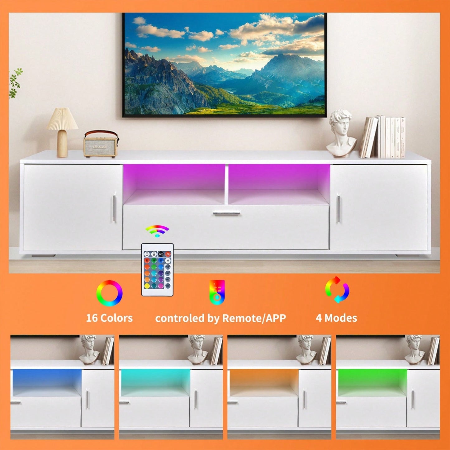 Modern TV Stand With LED Lights Entertainment Center TV Cabinet With Storage For Up To 75 Inch For Gaming Living Room Bedroom