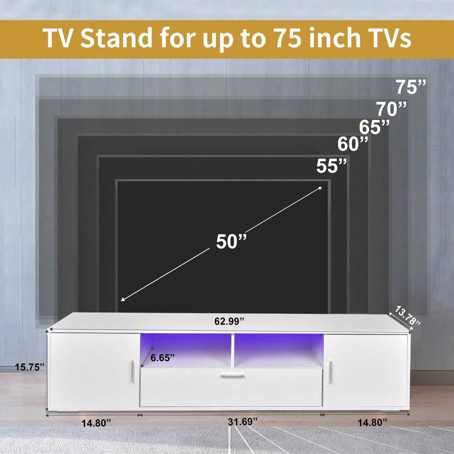 Modern TV Stand With LED Lights Entertainment Center TV Cabinet With Storage For Up To 75 Inch For Gaming Living Room Bedroom