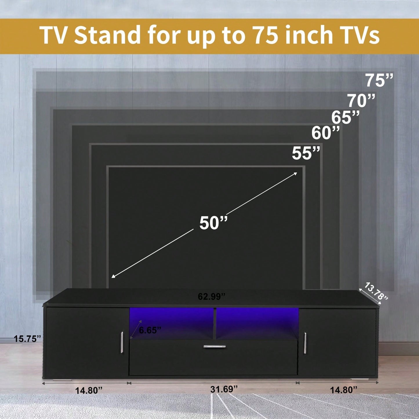 Modern TV Stand With LED Lights Entertainment Center TV Cabinet With Storage For Up To 75 Inch For Gaming Living Room Bedroom