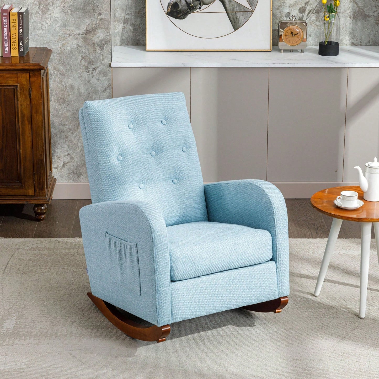 High Back Rocking Chair Nursery Chair .Comfortable Rocker Fabric Padded Seat .Modern High Back Armchair