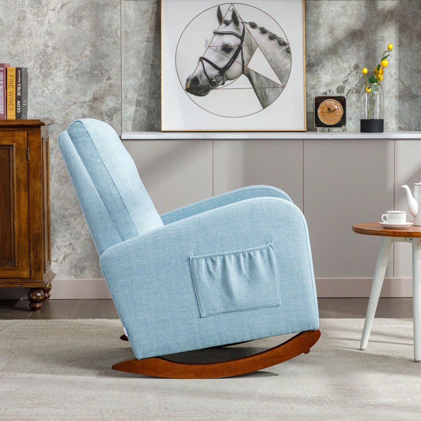 High Back Rocking Chair Nursery Chair .Comfortable Rocker Fabric Padded Seat .Modern High Back Armchair