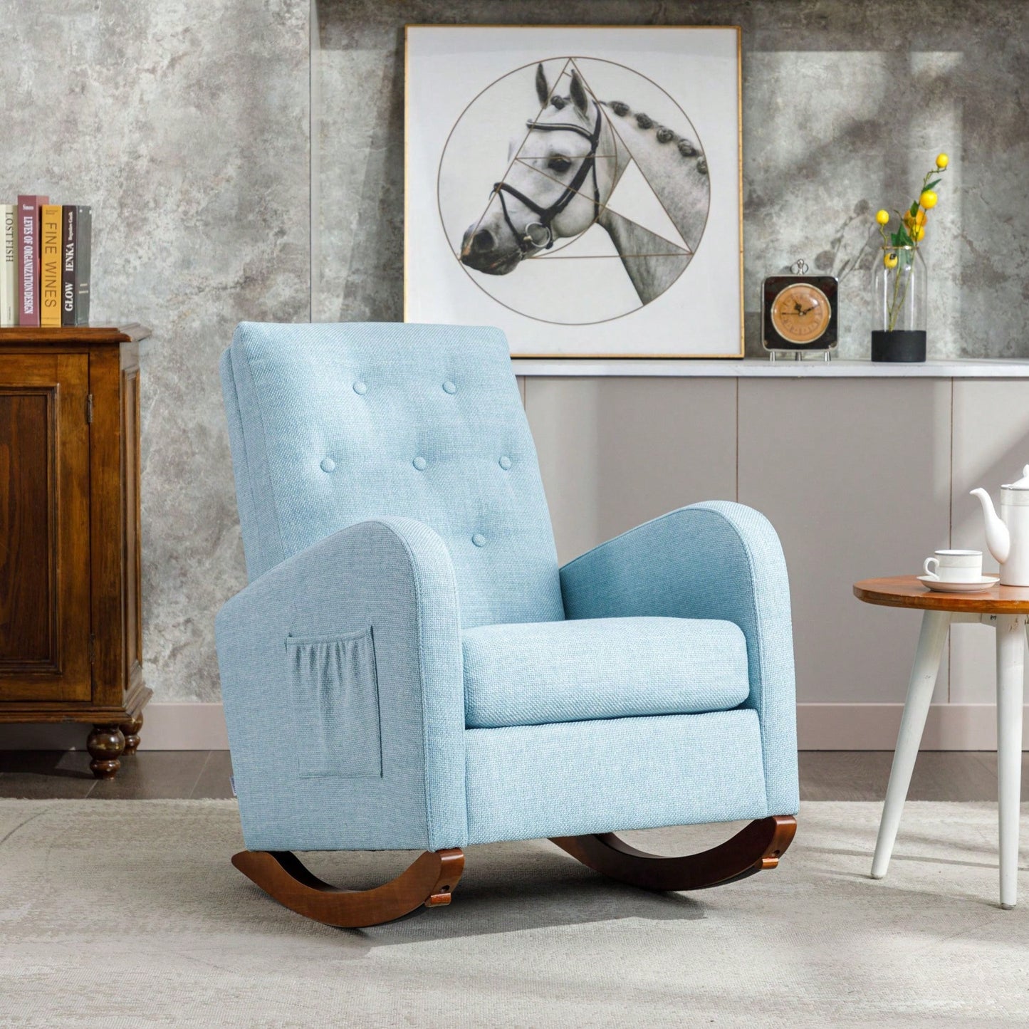 High Back Rocking Chair Nursery Chair .Comfortable Rocker Fabric Padded Seat .Modern High Back Armchair