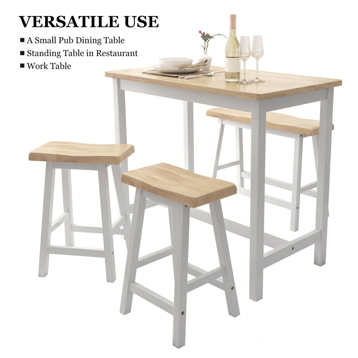 Stylish Rubber Wood Bar Dining Table Set for 4 with Natural Color and White Finish Ideal for Small Spaces