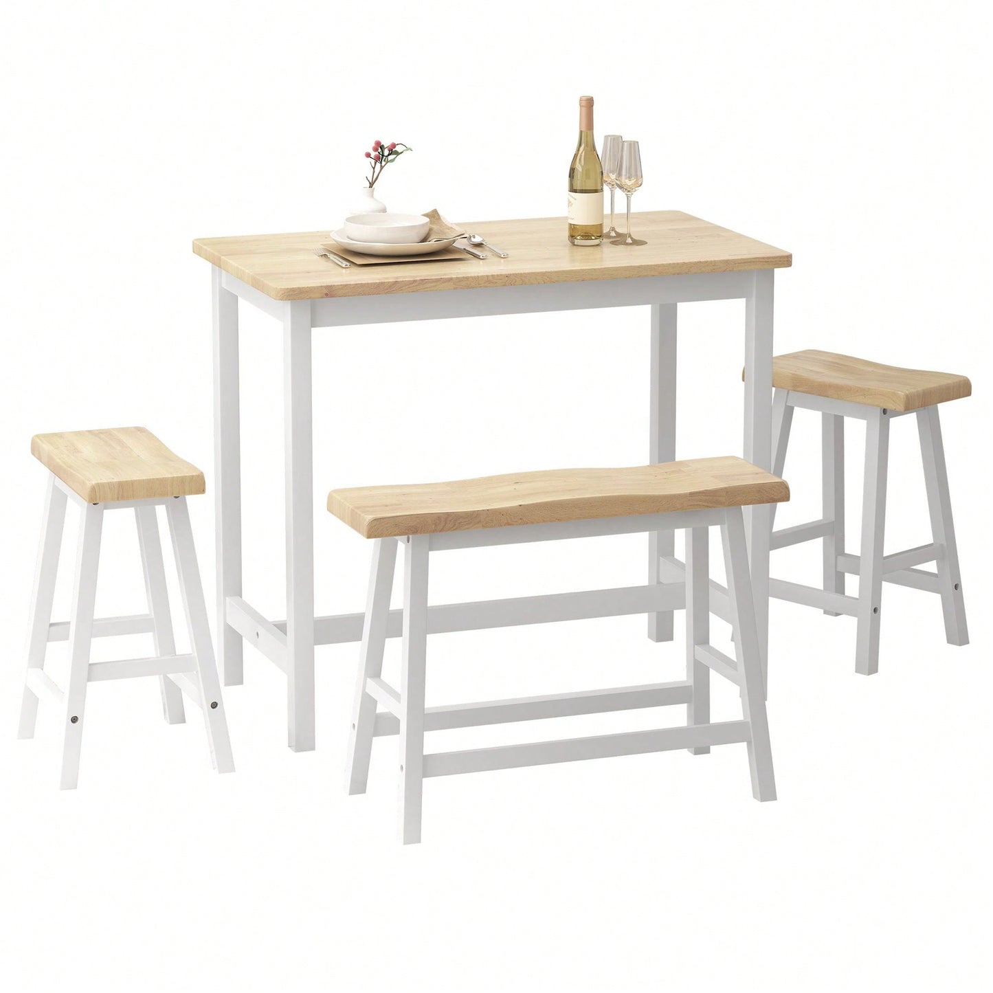 Stylish Rubber Wood Bar Dining Table Set for 4 with Natural Color and White Finish Ideal for Small Spaces