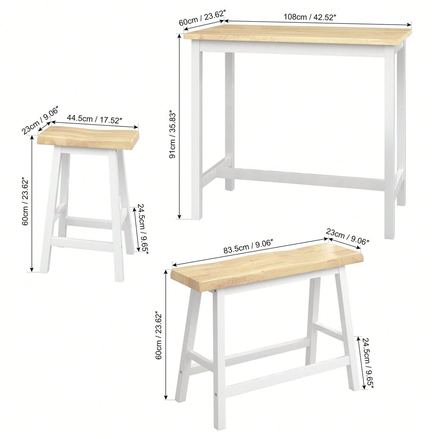 Stylish Rubber Wood Bar Dining Table Set for 4 with Natural Color and White Finish Ideal for Small Spaces