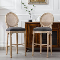 French Country Wooden Barstools Rattan Back With Upholstered Seating , Set Of 2