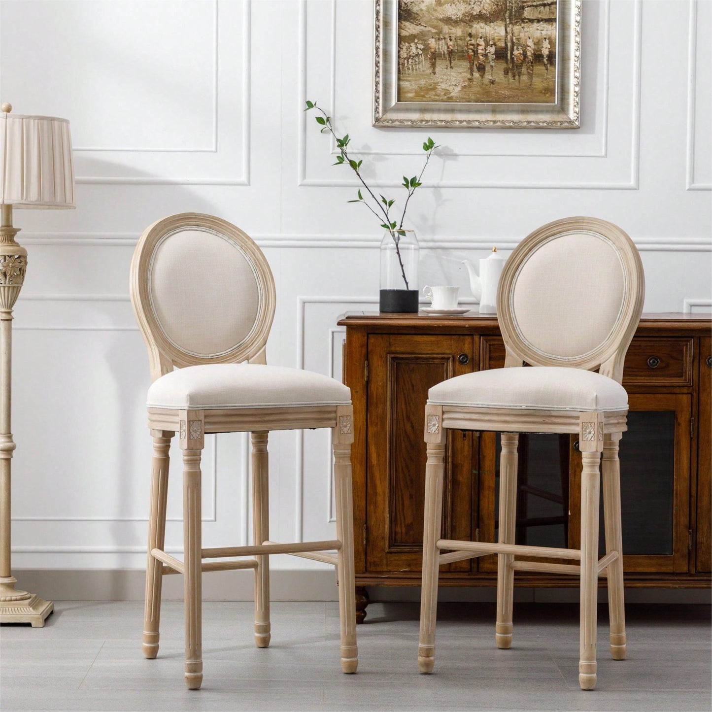 French Country Wooden Barstools With Upholstered Seating,Set Of 2