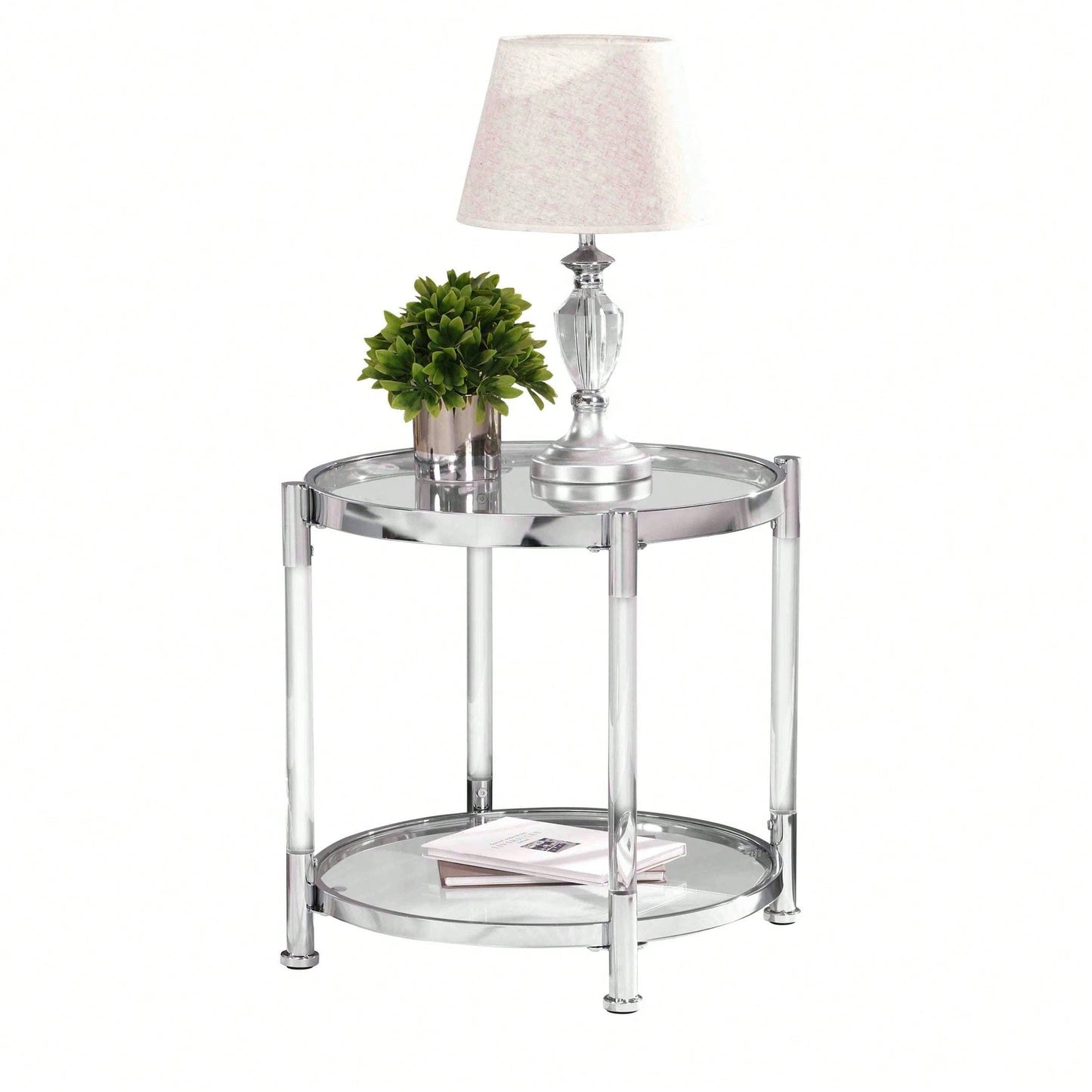 Contemporary Acrylic End Table, Side Table With Tempered Glass Top, Chrome/Silver End Table For Living Room&Bedroom