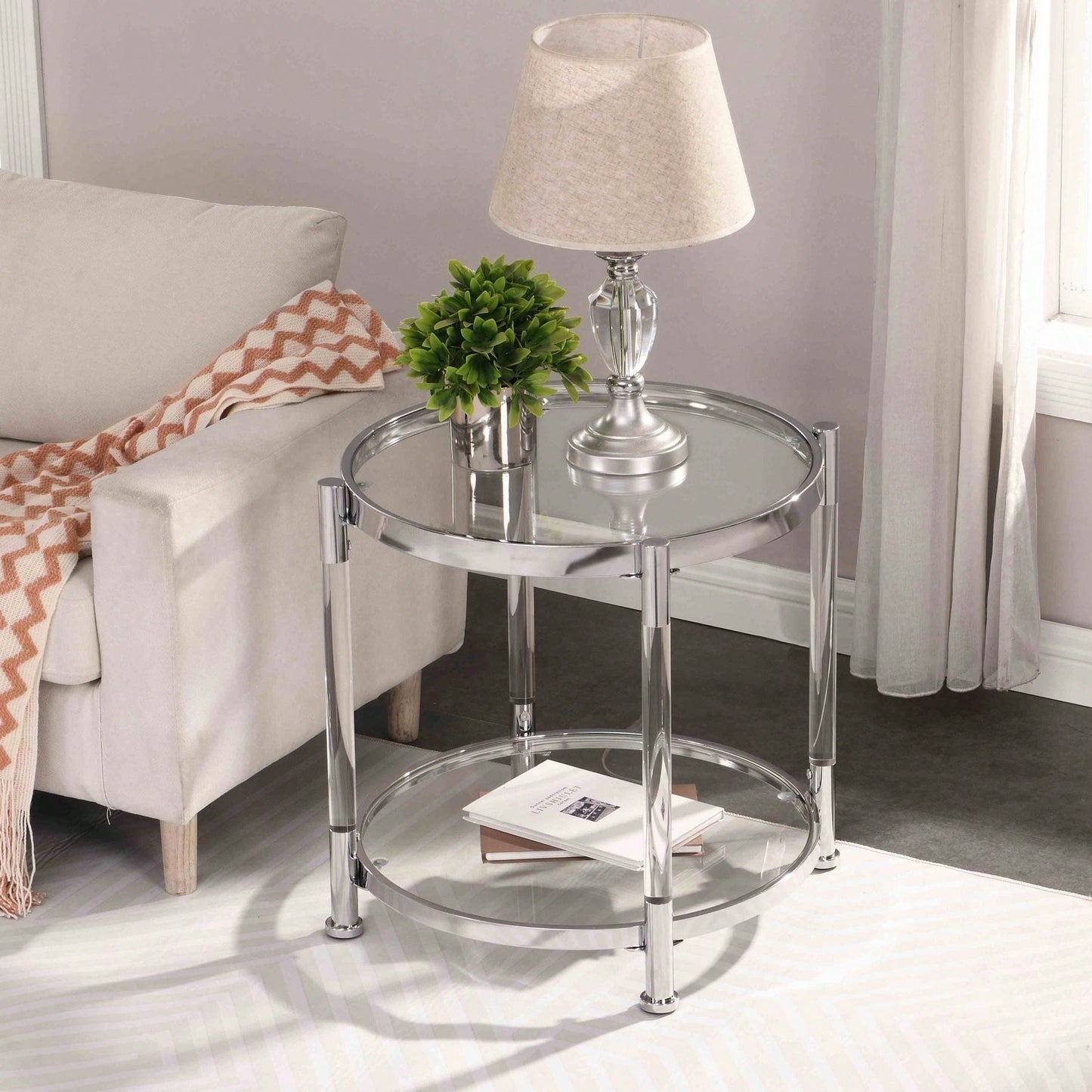 Contemporary Acrylic End Table, Side Table With Tempered Glass Top, Chrome/Silver End Table For Living Room&Bedroom