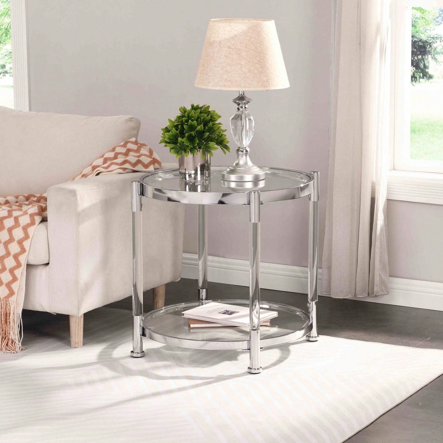 Contemporary Acrylic End Table, Side Table With Tempered Glass Top, Chrome/Silver End Table For Living Room&Bedroom