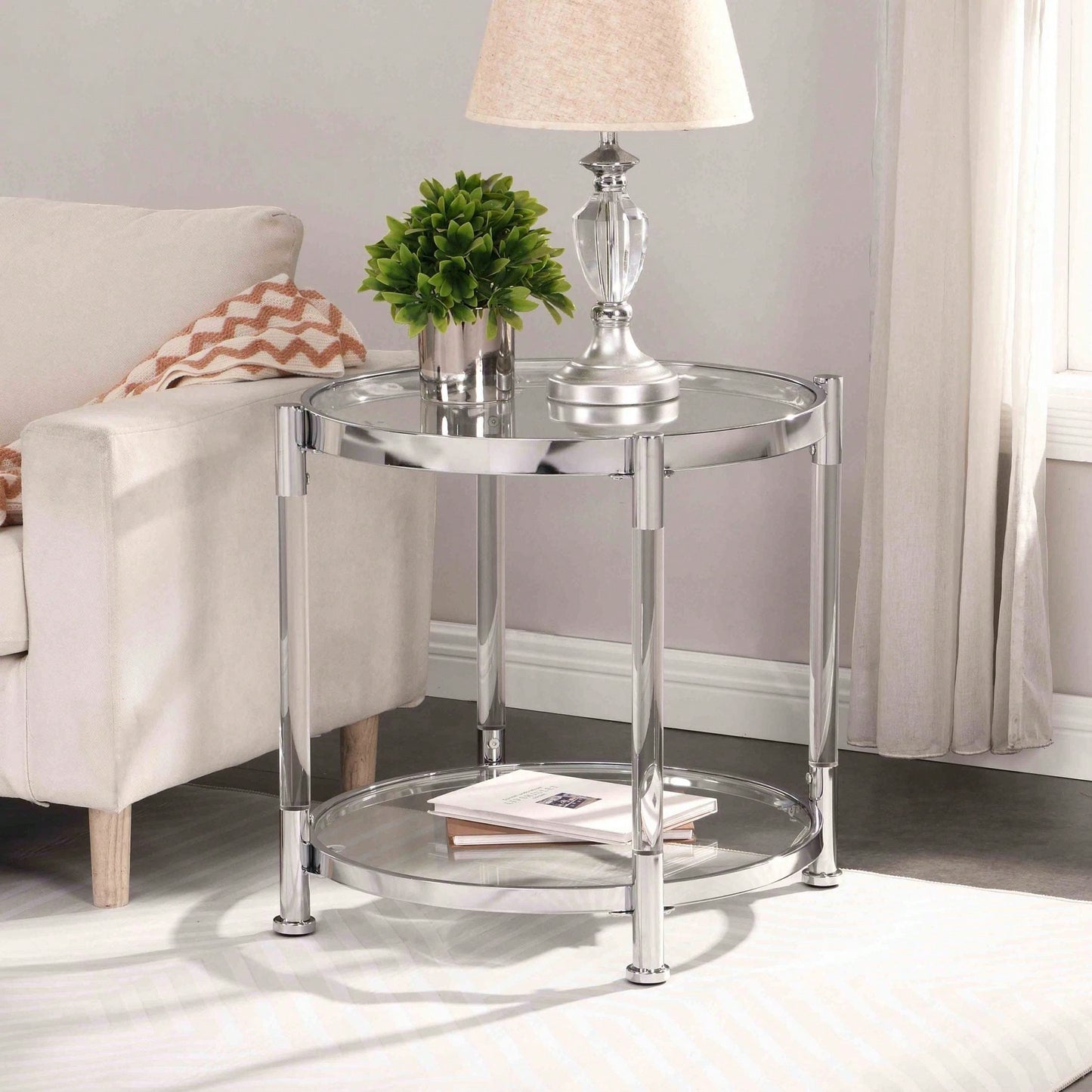 Contemporary Acrylic End Table, Side Table With Tempered Glass Top, Chrome/Silver End Table For Living Room&Bedroom