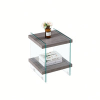 17.72" Sleek And Sturdy Tempered Glass Leg Side Table With Dual MDF Shelves, Modern Nightstand End Table For Living Roon, Bedroom