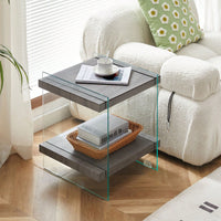 17.72" Sleek And Sturdy Tempered Glass Leg Side Table With Dual MDF Shelves, Modern Nightstand End Table For Living Roon, Bedroom