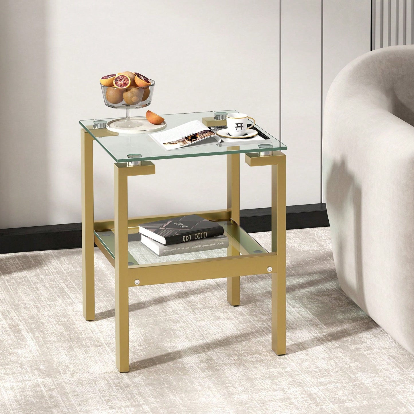 Clear Glass Side & End Table With Gold Legs; Tempered Glass Night Stand Corner Table