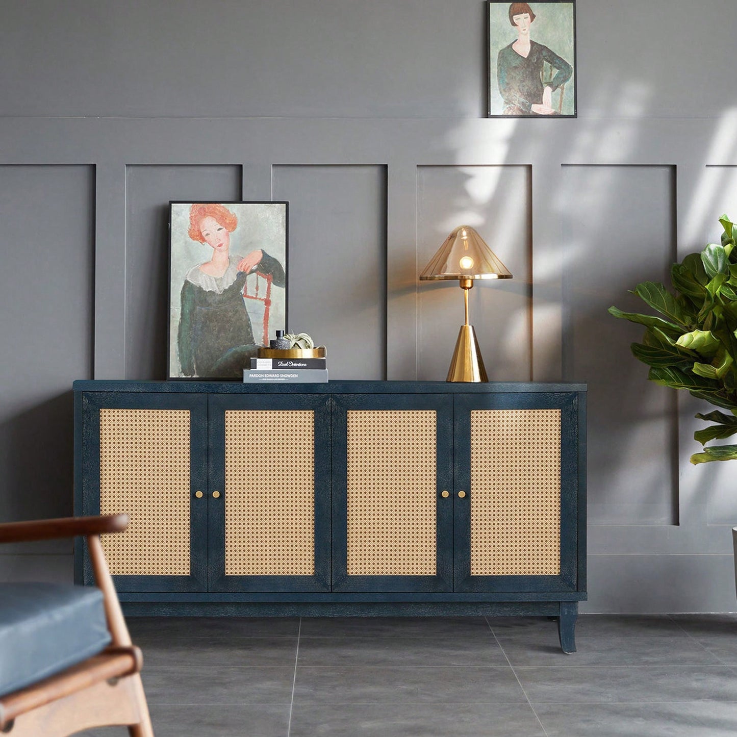 Modern Rattan Sideboard Cabinet with Adjustable Shelves and 4 Doors for Living Room Storage