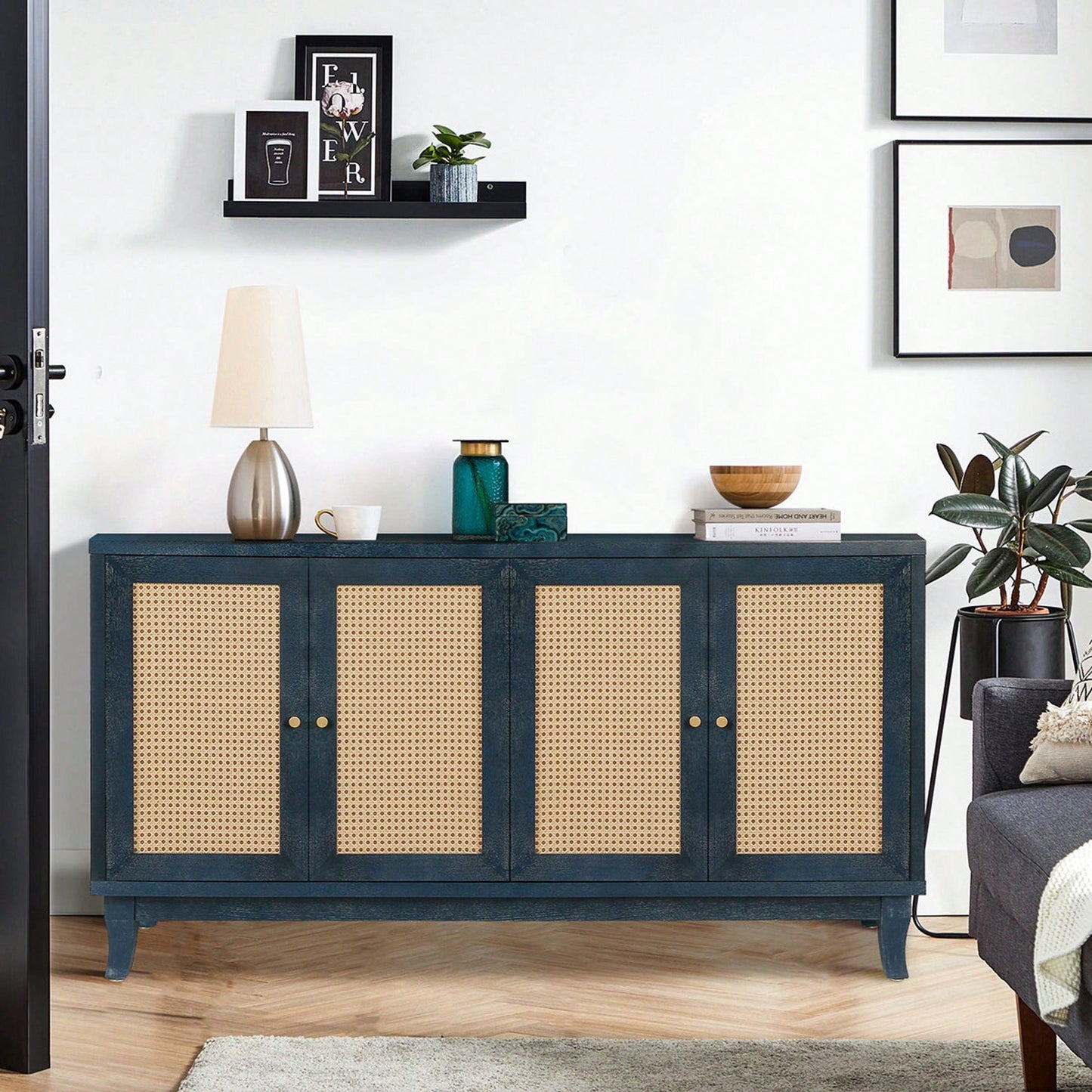Modern Rattan Sideboard Cabinet with Adjustable Shelves and 4 Doors for Living Room Storage