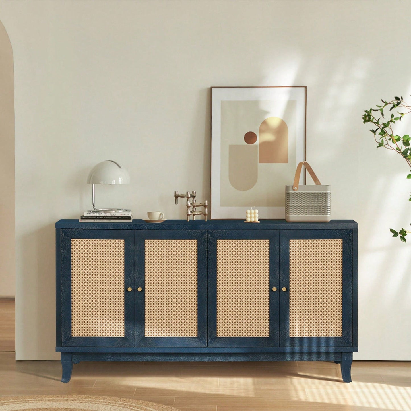 Modern Rattan Sideboard Cabinet with Adjustable Shelves and 4 Doors for Living Room Storage