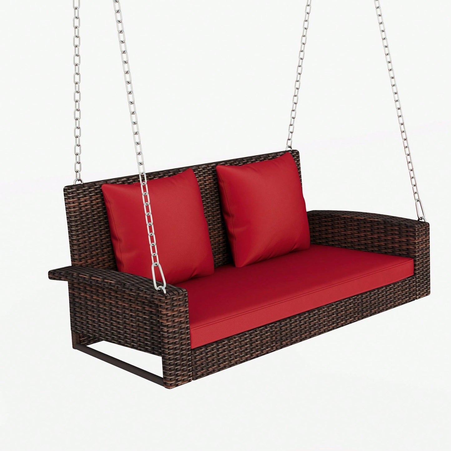 2-Person Wicker Hanging Porch Swing With Chains, Cushion, Pillow, Rattan Swing Bench For Garden, Backyard, Pond