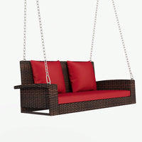 2-Person Wicker Hanging Porch Swing With Chains, Cushion, Pillow, Rattan Swing Bench For Garden, Backyard, Pond