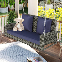 2-Person Wicker Hanging Porch Swing With Chains, Cushion, Pillow, Rattan Swing Bench For Garden, Backyard, Pond