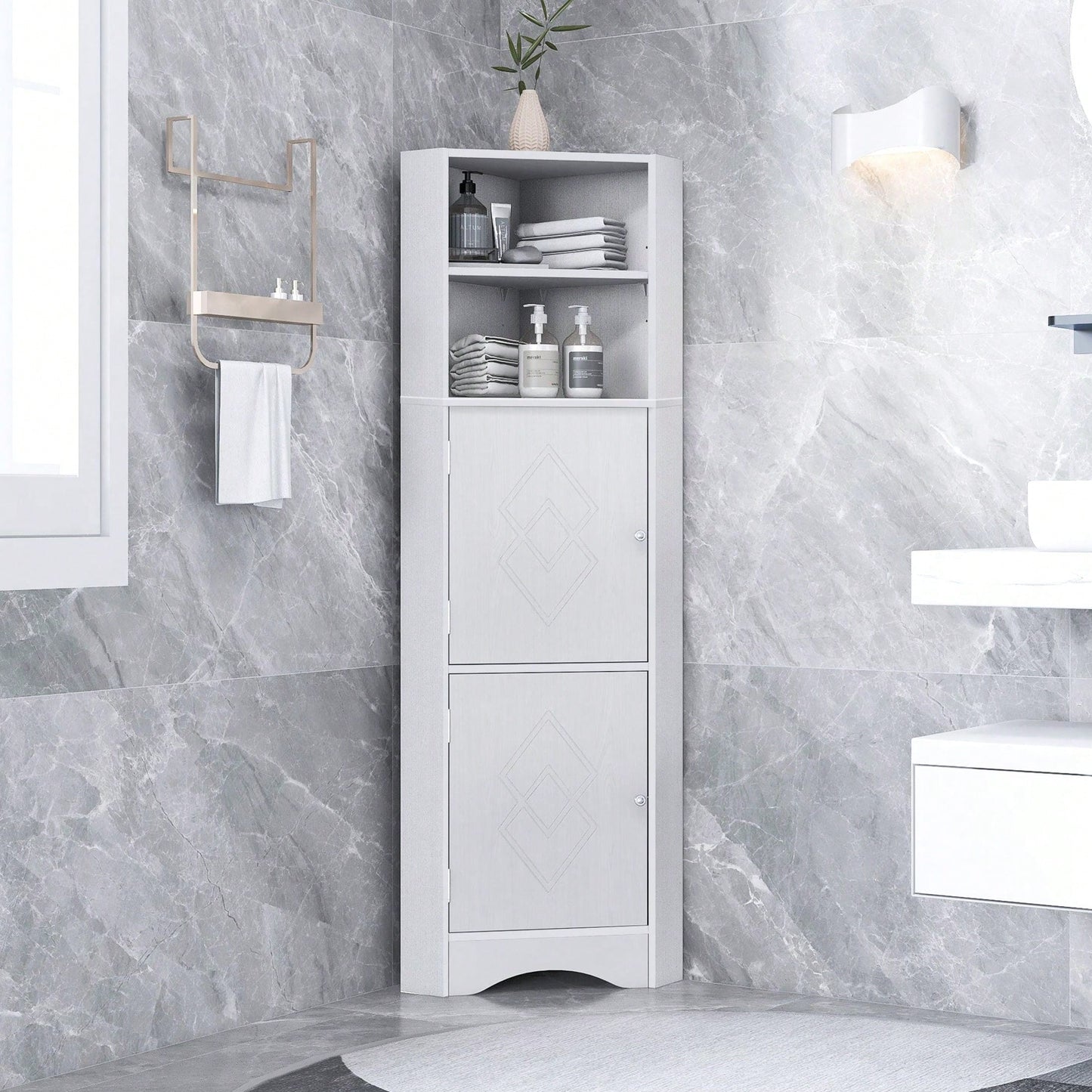 Tall Bathroom Corner Cabinet, Freestanding Storage Cabinet With Doors And Adjustable Shelves