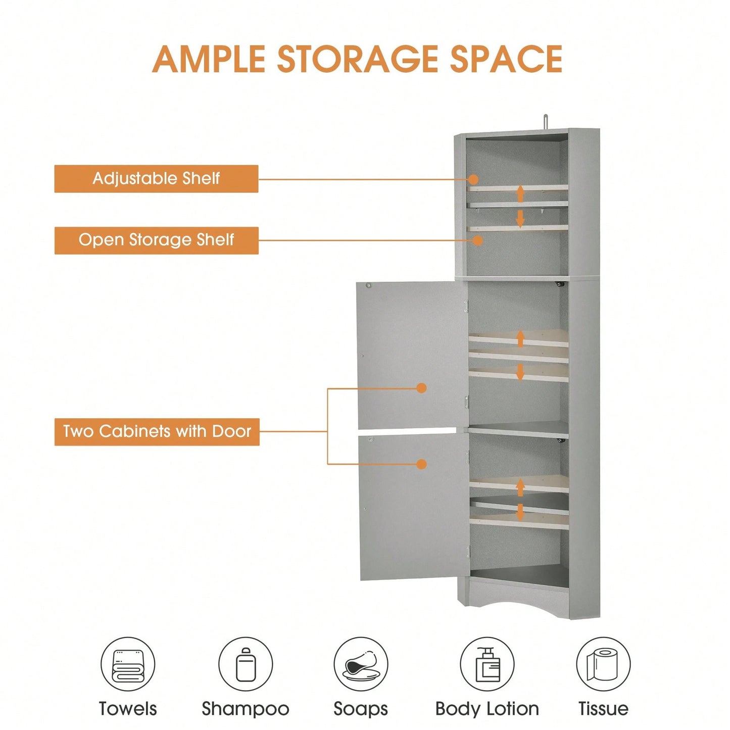 Tall Bathroom Corner Cabinet, Freestanding Storage Cabinet With Doors And Adjustable Shelves