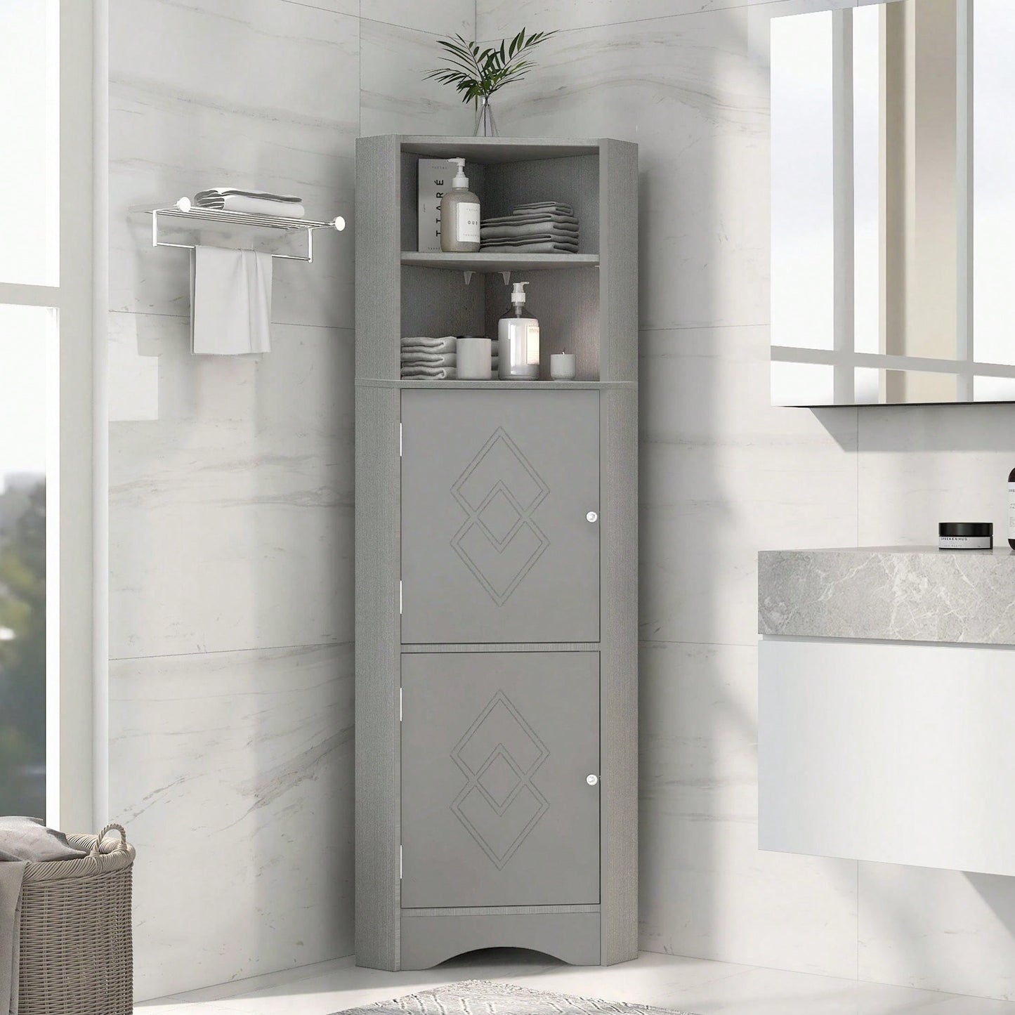 Tall Bathroom Corner Cabinet, Freestanding Storage Cabinet With Doors And Adjustable Shelves