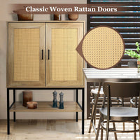 31.5 Inch Wide 2 Rattan Doors Free Standing Sideboard Storage Cabinet With One Open Bottom Shelf For Kitchen Dinning Room Living Room