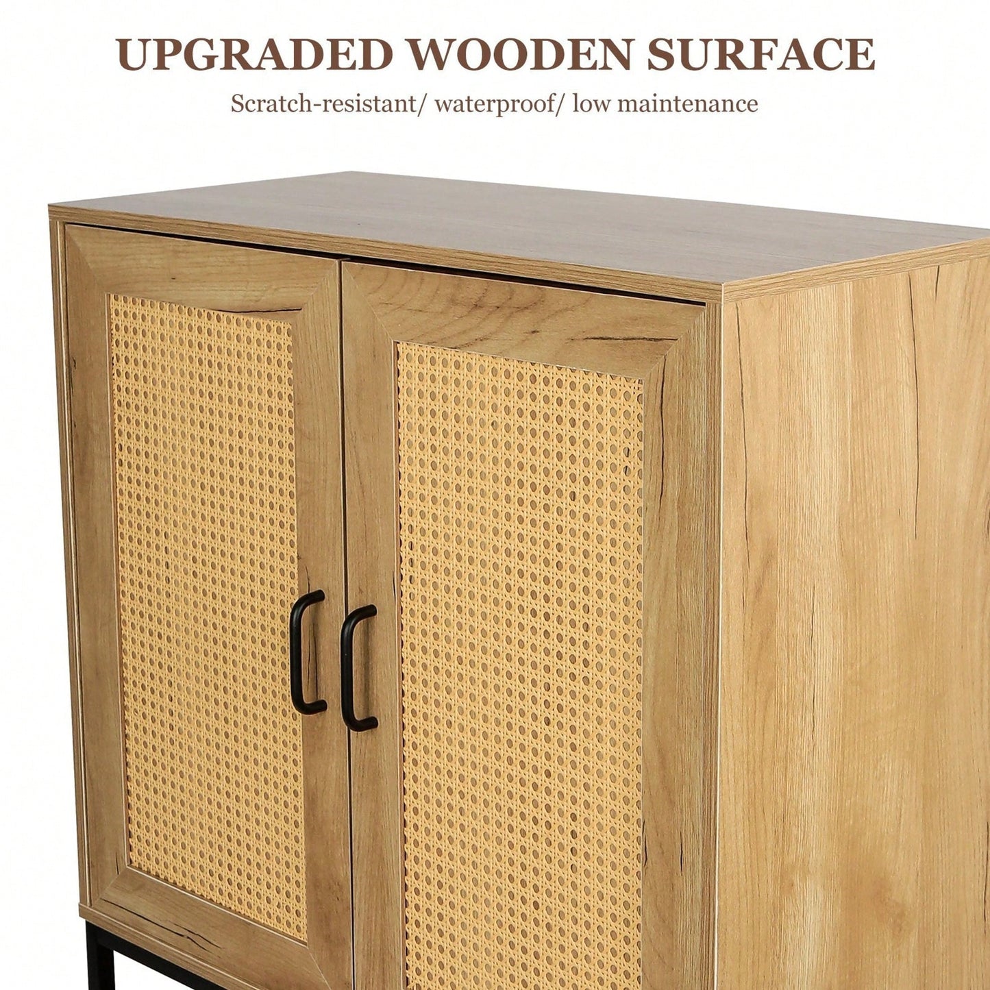 31.5 Inch Wide 2 Rattan Doors Free Standing Sideboard Storage Cabinet With One Open Bottom Shelf For Kitchen Dinning Room Living Room