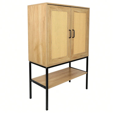 31.5 Inch Wide 2 Rattan Doors Free Standing Sideboard Storage Cabinet With One Open Bottom Shelf For Kitchen Dinning Room Living Room