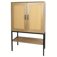 31.5 Inch Wide 2 Rattan Doors Free Standing Sideboard Storage Cabinet With One Open Bottom Shelf For Kitchen Dinning Room Living Room