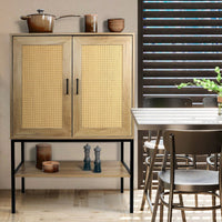 31.5 Inch Wide 2 Rattan Doors Free Standing Sideboard Storage Cabinet With One Open Bottom Shelf For Kitchen Dinning Room Living Room