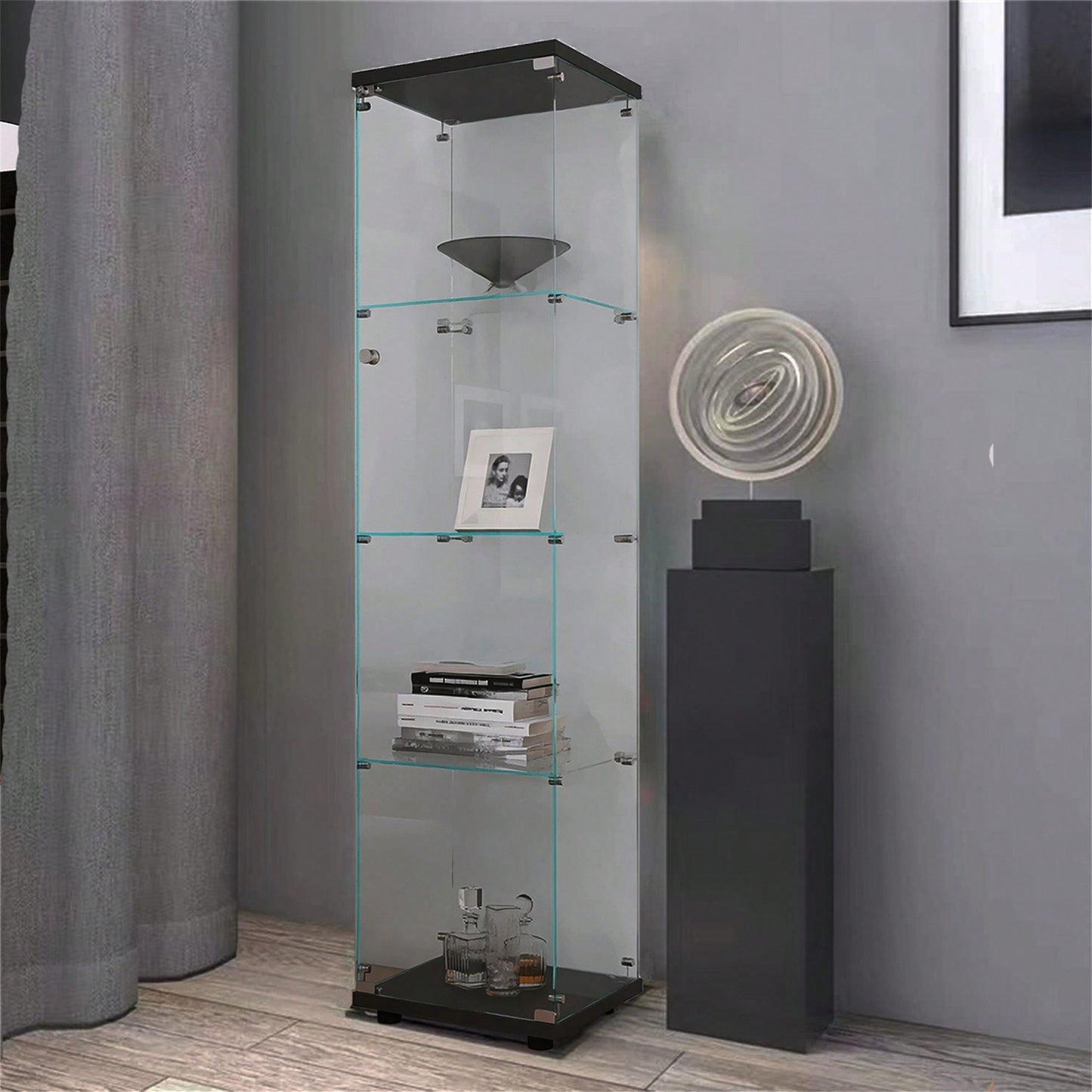Shelves Glass Cabinet Glass Display Cabinet With One Door, Black