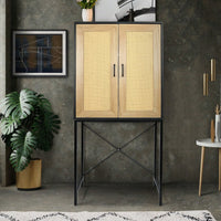 Elegant 59 Inch High Wooden Cabinet with Rattan Doors for Bedroom Living Room Kitchen 3-Tier Shelving and X-Shaped Support