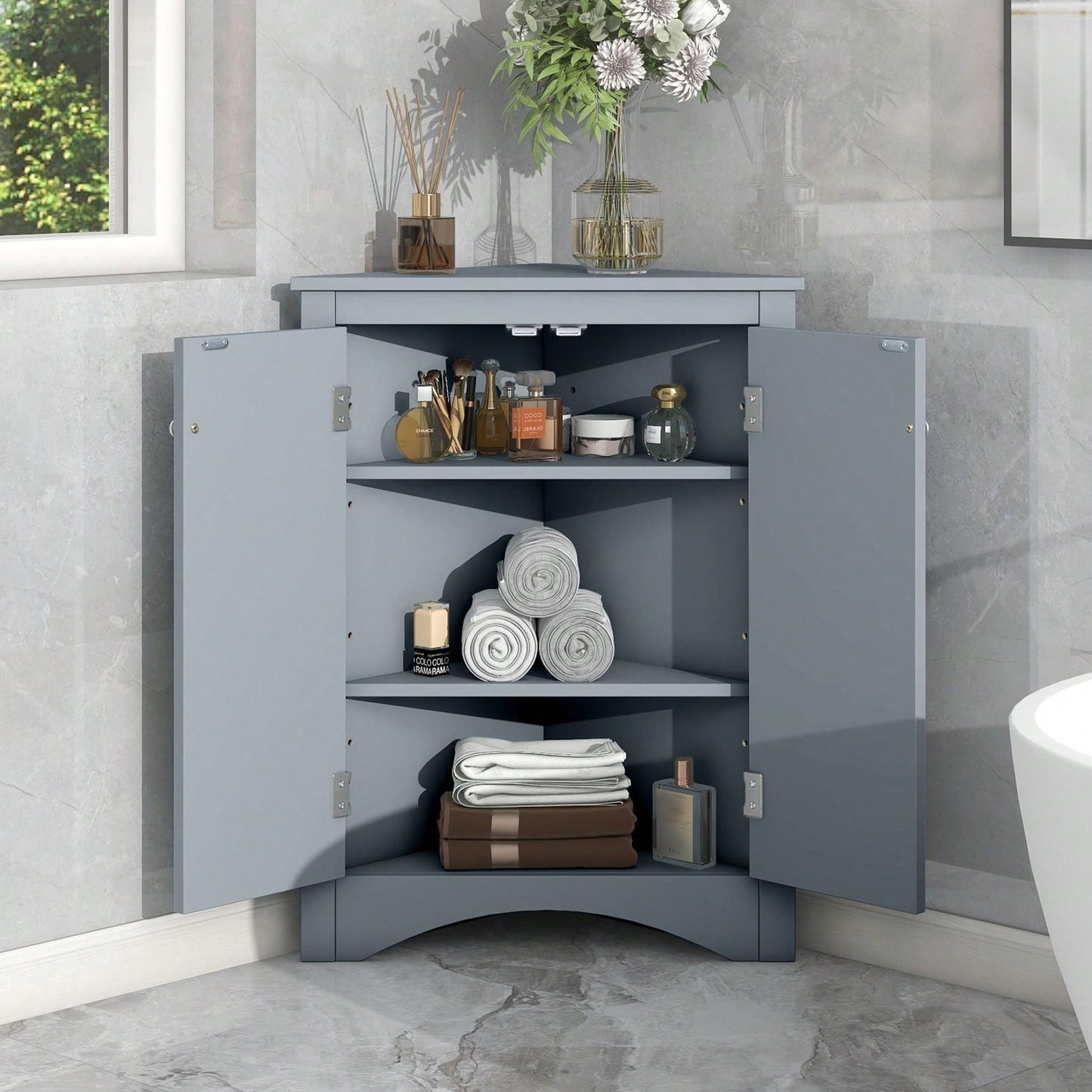 Triangle Bathroom Storage Cabinet With Adjustable Shelves, Freestanding Floor Cabinet For Home Kitchen