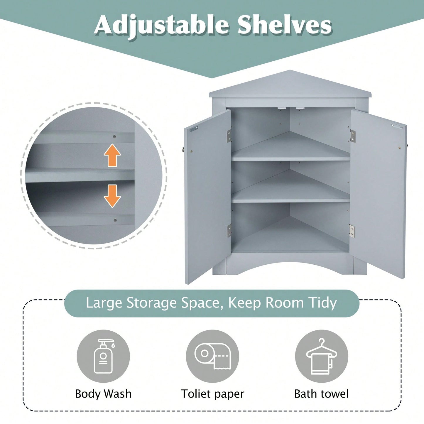 Triangle Bathroom Storage Cabinet With Adjustable Shelves, Freestanding Floor Cabinet For Home Kitchen