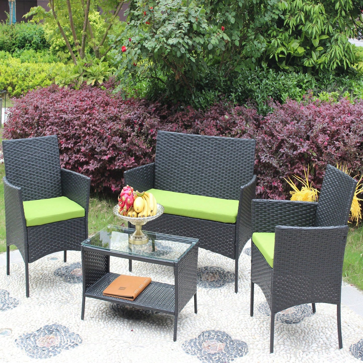 Black Rattan Patio Furniture Set Outdoor Patio Cushioned Seat Wicker Sofa