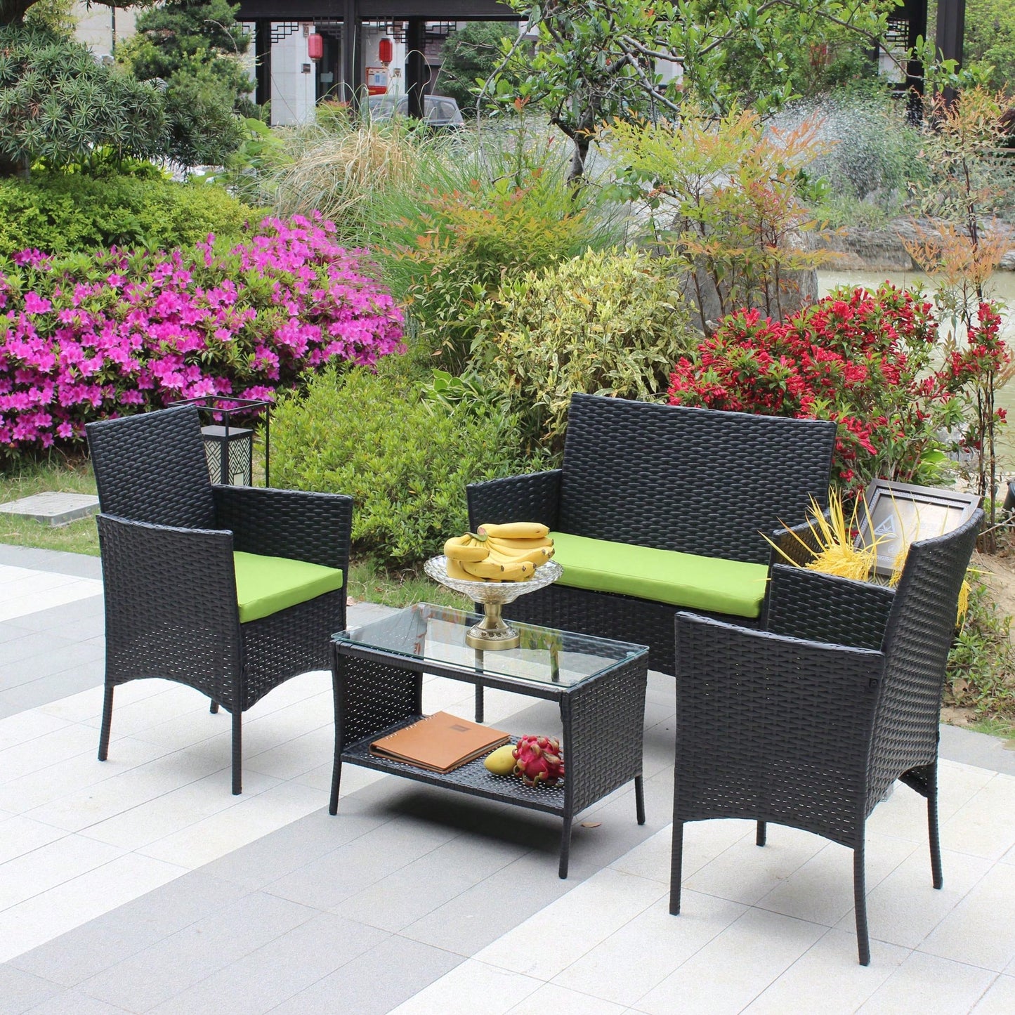 Black Rattan Patio Furniture Set Outdoor Patio Cushioned Seat Wicker Sofa