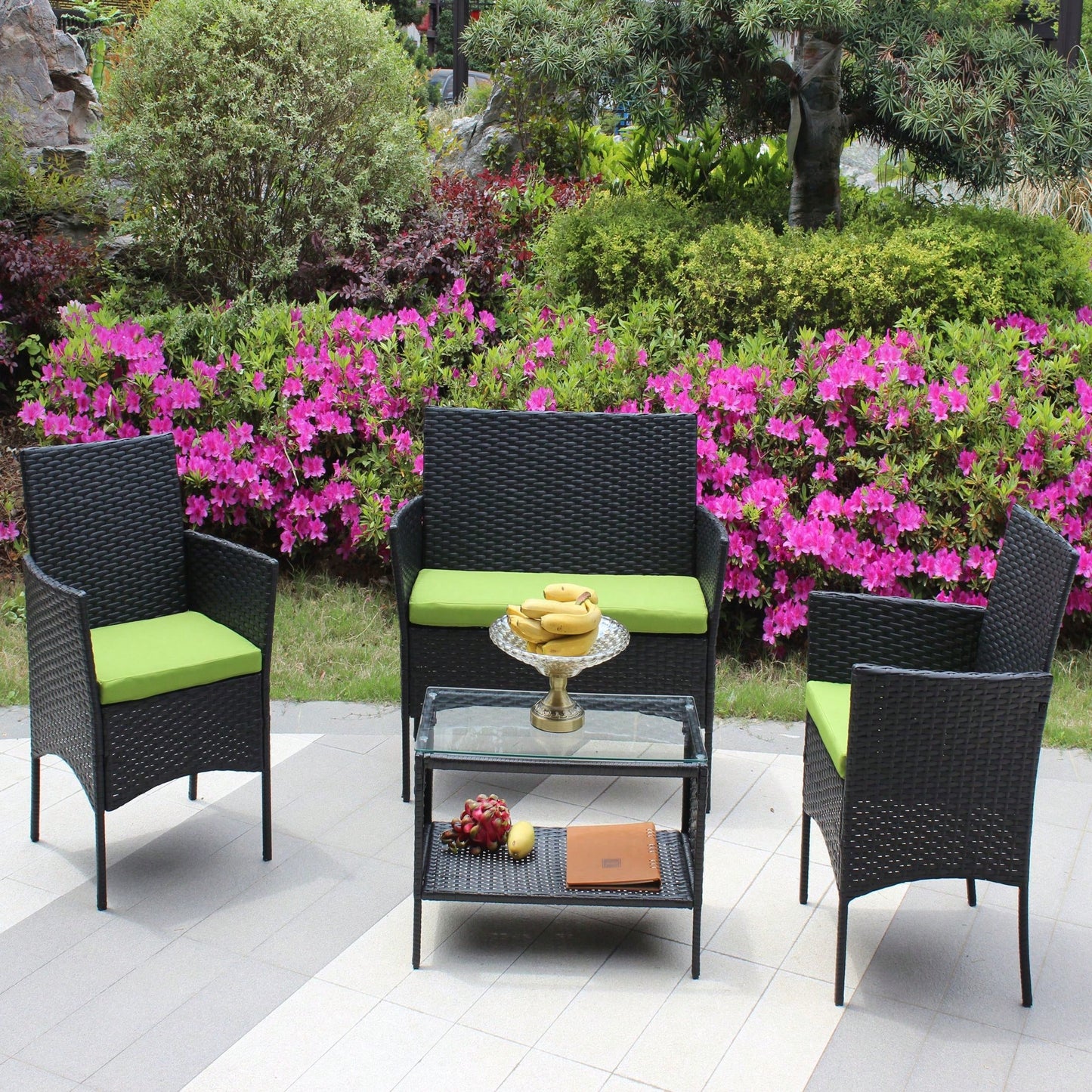 Black Rattan Patio Furniture Set Outdoor Patio Cushioned Seat Wicker Sofa