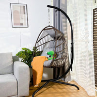 Stylish Swing Egg Chair with Stand Indoor Outdoor Wicker Rattan Patio Basket Hanging Chair with Cushion and Pillow