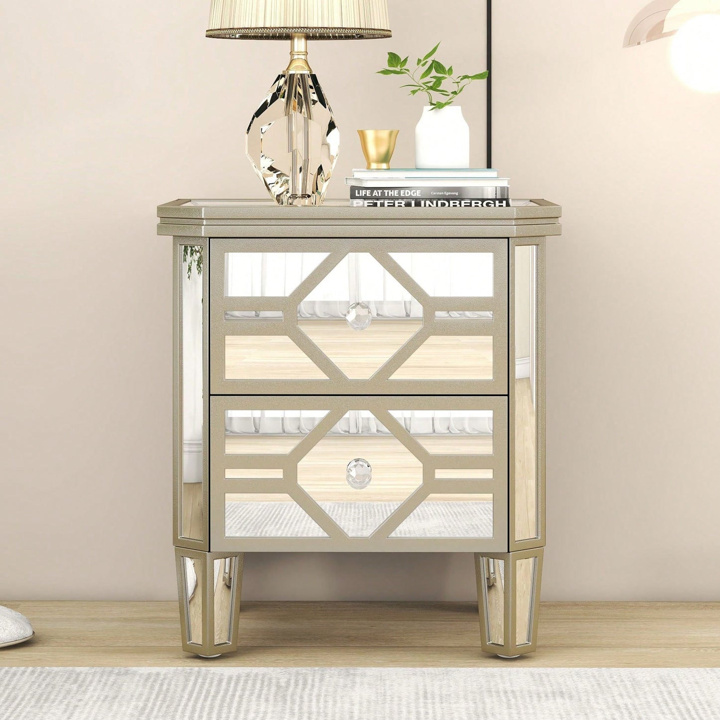 2-Drawer Side Table With Golden Lines For Living Room, Hallway, Entryway