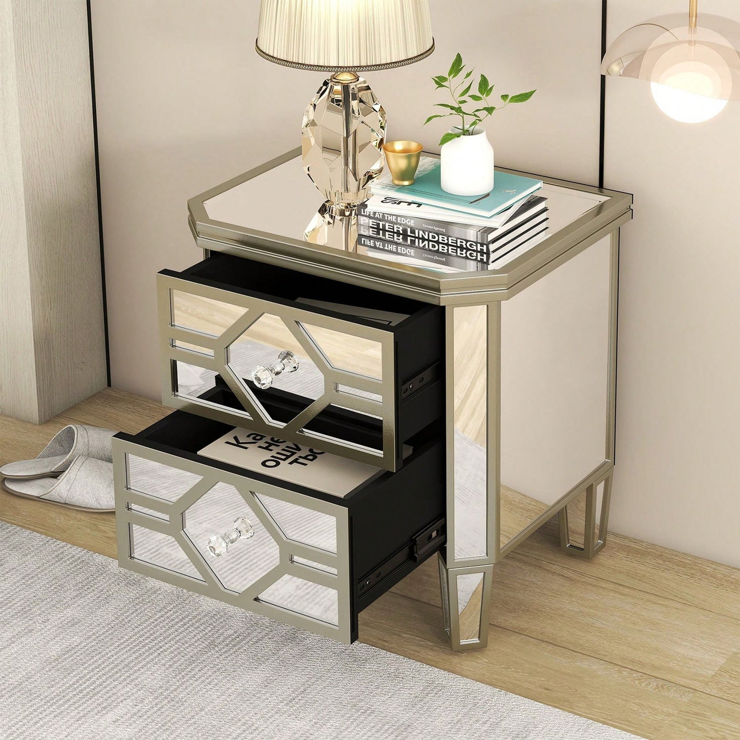 2-Drawer Side Table With Golden Lines For Living Room, Hallway, Entryway