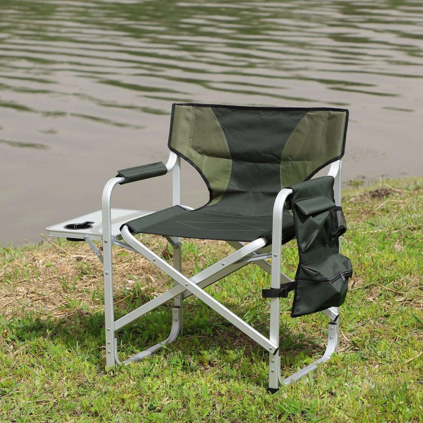 Oversized Lightweight Padded Folding Chair with Side Table and Storage Pockets for Camping Picnics and Fishing