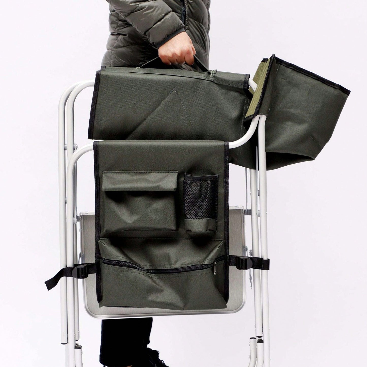 Oversized Lightweight Padded Folding Chair with Side Table and Storage Pockets for Camping Picnics and Fishing