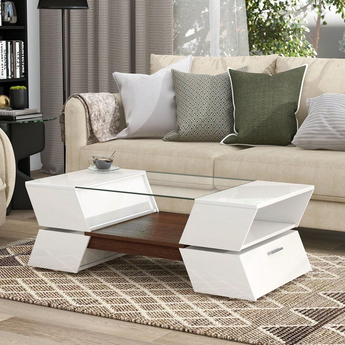 Modern Geometric 6mm Glass Coffee Table with Open Shelves and Cabinets for Stylish Living Room Storage