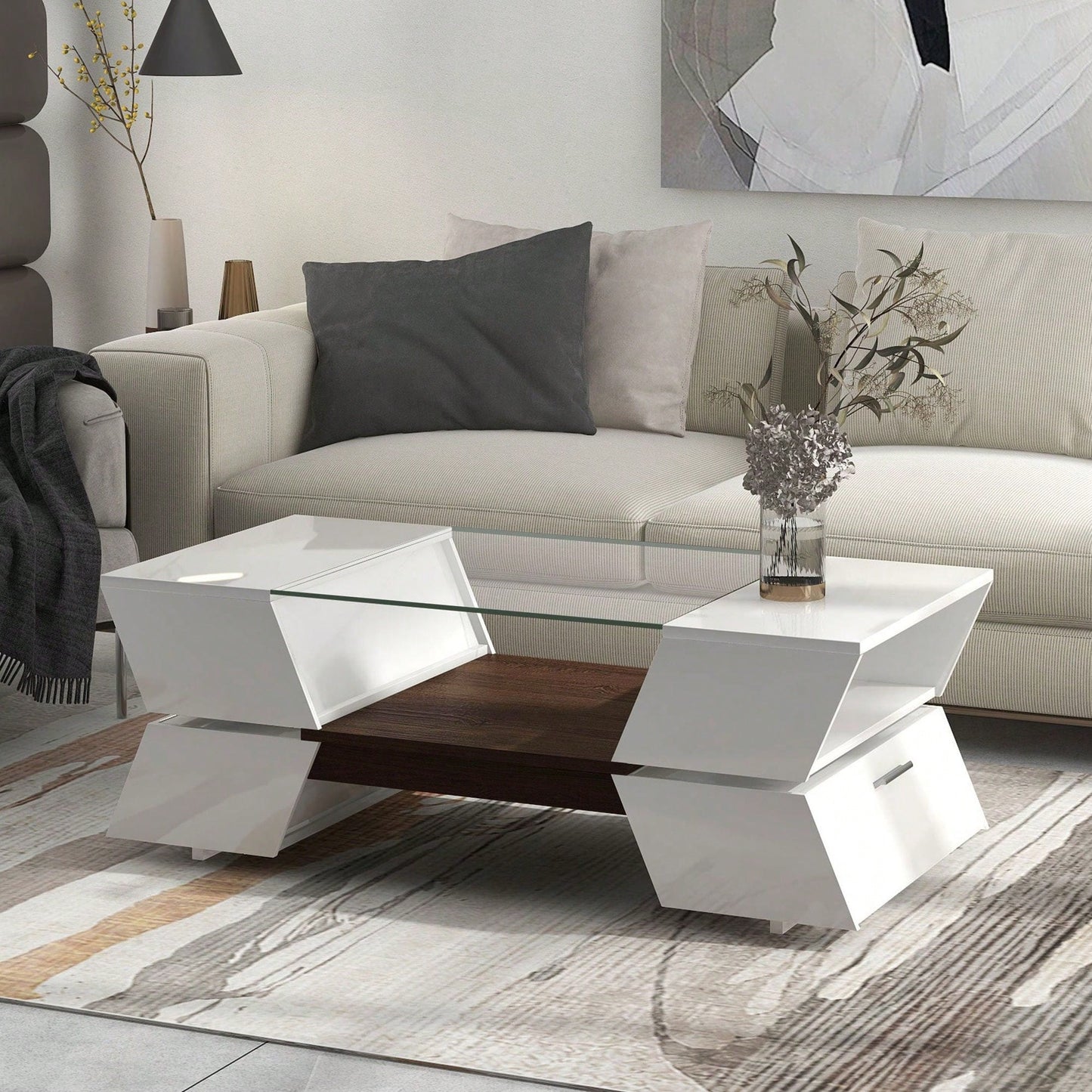 Modern Geometric 6mm Glass Coffee Table with Open Shelves and Cabinets for Stylish Living Room Storage